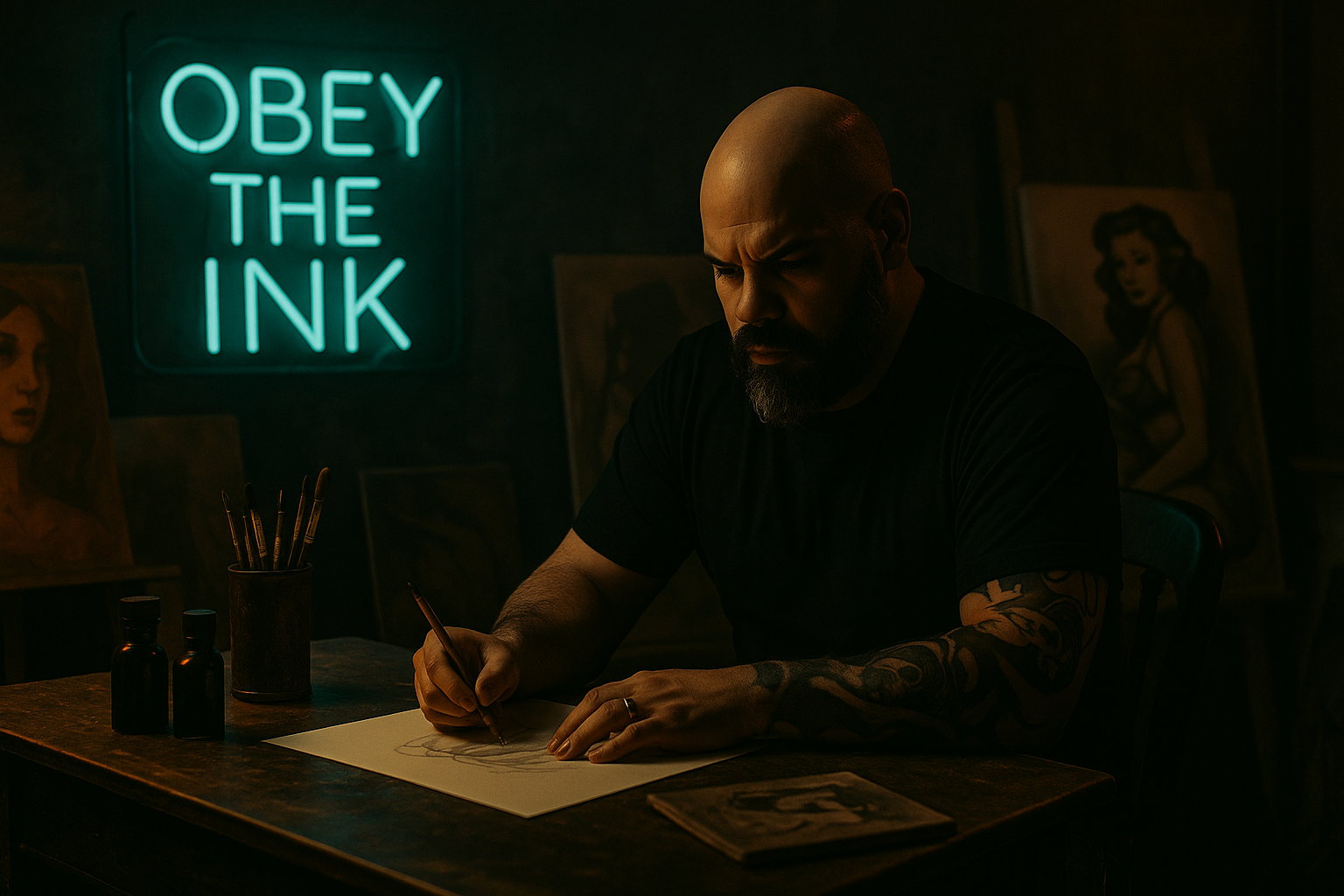 Artist Eric Pinto sitting at a desk with a neon sign reading 'Obey the Ink' in the background.