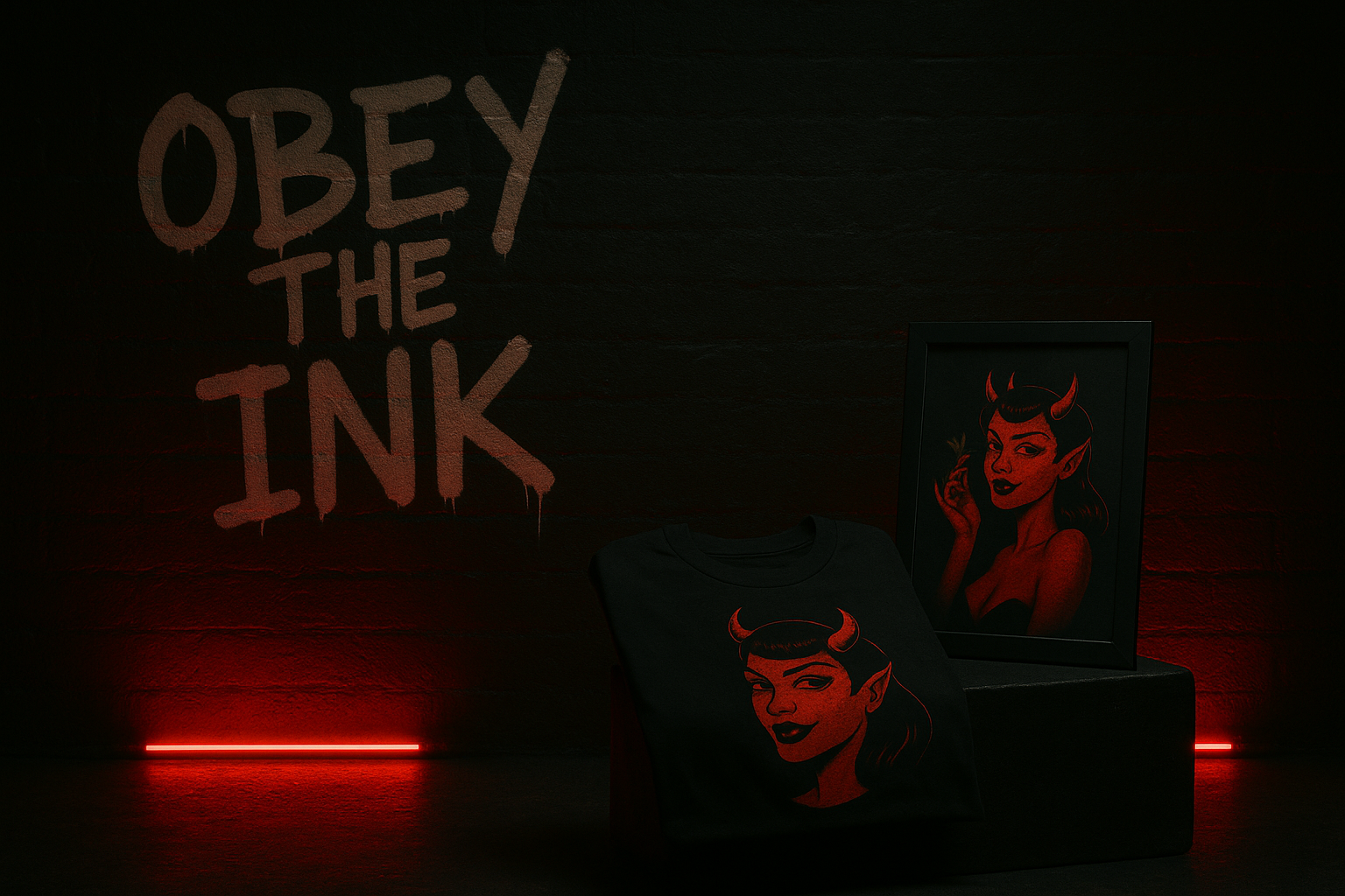 Dark room with 'Obey the Ink' text, framed art pieces, and red neon light.